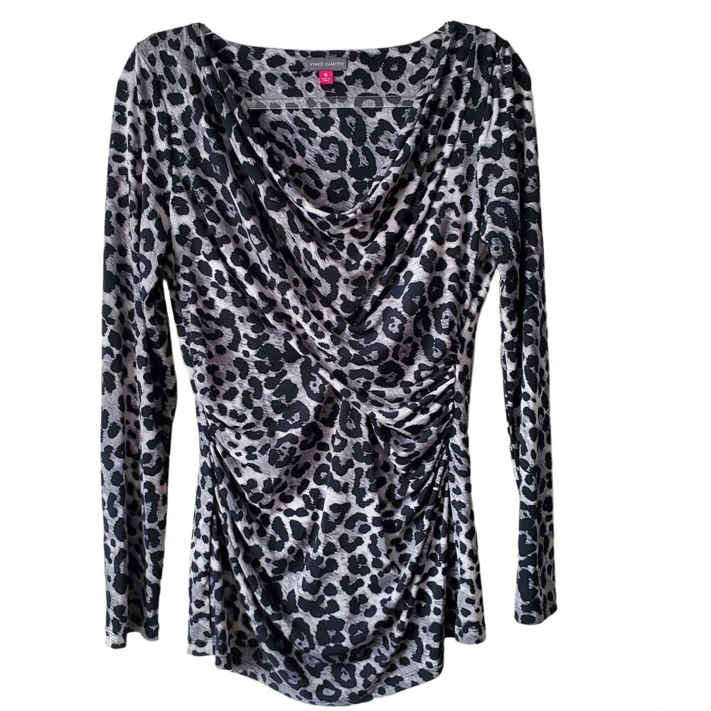 Vince Camuto Gray Cheetah Matte Jersey Top Blouse M Bodycon Baddie Office Chic